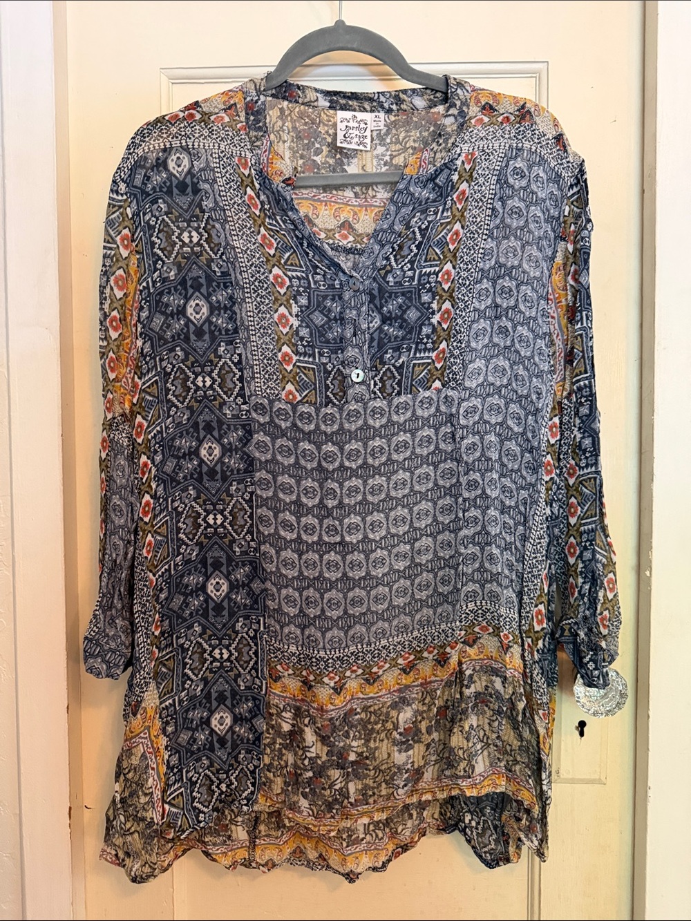 Parsley & Sage Navy Multi-Print V-Neck Tunic with Yellow & Rust Accents